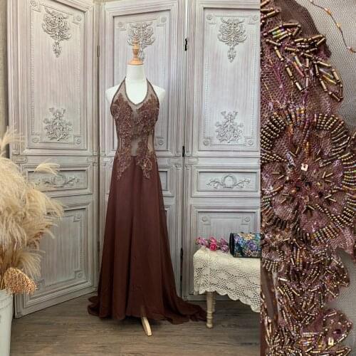 2021 Brown Evening Dress Halter A Line Beads Crystal Straps Chiffon Floor Length Formal Evening Gown for Women