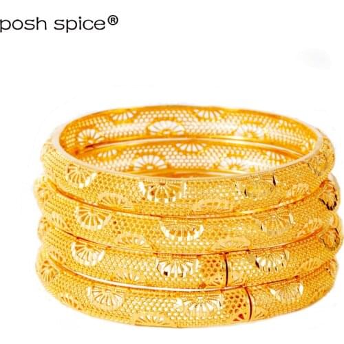 4pcs Dubai Bangles for Women Indian Bracelets, Arabic Bangles with Charm Ethiopian African Gold Bracelets&Bangles Bridal Jewelry