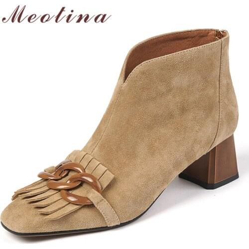 Meotina Women Genuine Leather Ankle Boots Kid Suede Thick High Heel Square Toe Boots Fringe Zipper Ladies Boots Autumn Winter 40