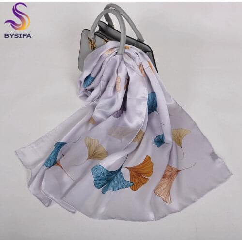 [BYSIFA] Luxury Grey Pink Women Silk Scarf Shawl Fashion Natural Silk Long Scarves New Lotus Design Elegant Satin Neck Scarf