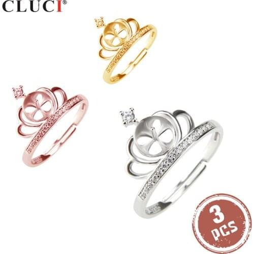 CLUCI 3pcs Classic Silver 925 Women Wedding Crown Shaped Ring Romantic Rose Gold Zircon Open Ring Gift Jewelry SR2026SB