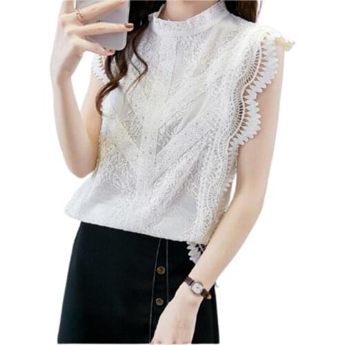 Elegant Korean Ruffle Lace White Shirt Black Blouse For Women Blusas Woman Tops And Blouses Sexy Sleeveless Shirts Ladie Top 4XL