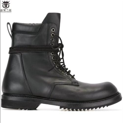 FR.LANCELOT New fashion mens real Leather Ankle lace up Boots flat thick heel Chelsea Boots Mens Autumn Boots working booties