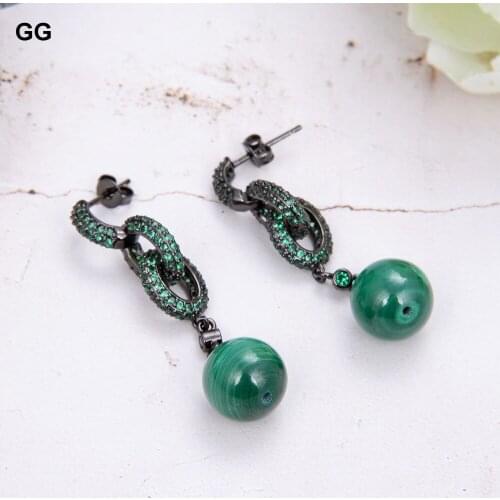GuaiGuai Jewelry Natural Stone Round Green Malachite Green Cubic Zirconia Pave Gunmetal Gold Color Plated Loop Stud Earrings