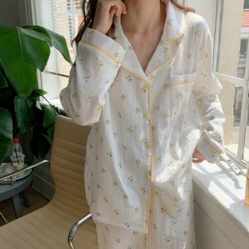 Women 2 Piece Set Sleepwear Home Set Cotton Long Sleeve Cherry Home Clothes Lapel Collar Pocket Shirts Pants Pajamase Set