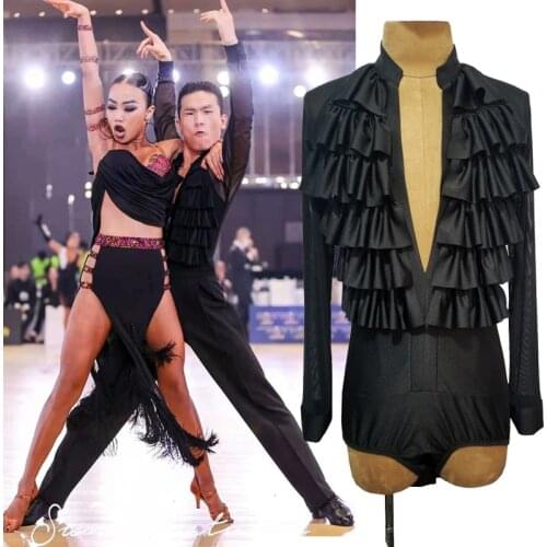 Mens Latin Dance Costume Long Sleeve Tops Ruffles V Neck Male Latin Competition Shirts Salsa Performance Latin Tops DNV15144
