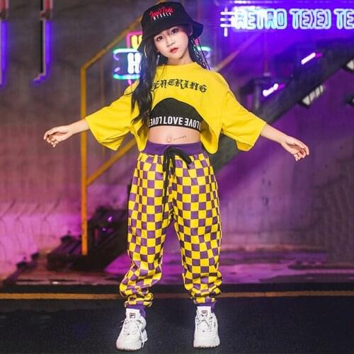 Hip Hop Dance Costumes Children Stylish Yellow Plaid Pants Girls Jazz Street Dancing Clothes Stage Show Wear Rave Outfit DN4107