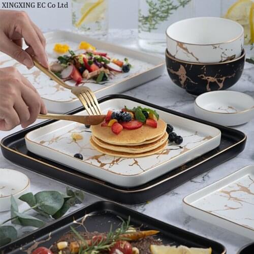 Creative Ceramic Plate Household Dinner Plate Flat Plate Rectangle Phnom Penh Western Dinner Plate Black Tableware Combination
