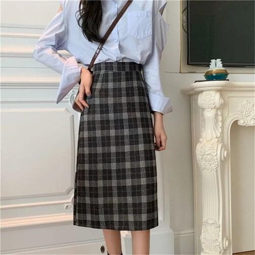 Autumn Black Woolen Plaid Skirt Women Y2k Vintage Kawaii High Waist Brown Skirt 2021 Korean Fashion Harajuku Long Pencil Skirt