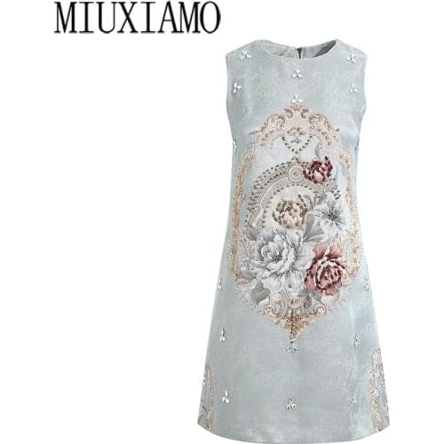 MIUXIMAO 2020 Summer Dress Newest Arrival Fashion Sleeveless Blue Flower Diamonds Above Knee Tank Dress Women Vestidos