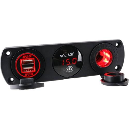 Car Cigarette Lighter Socket + Dual USB Port Charger Voltmeter Panel for 12-24V Vehicles