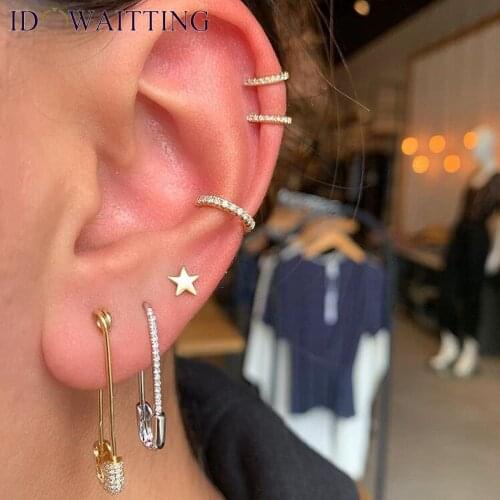 White Clear CZ Safety Pin Earring Christmas New Design Jewelry For Women Lady Gift Gold Filled Simple Multi Piercing Earring