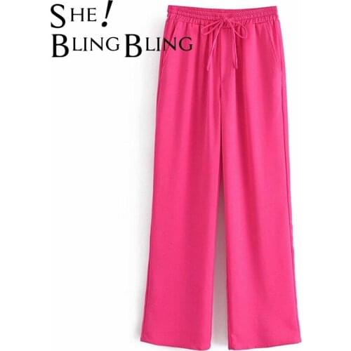 SheBlingBling Hot Pink Loose Long Pants Summer Autumn Fashion Tie Front Elastic High Waist Casual Straight Pants Women Trousers
