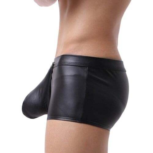 Sexy Mens Low Waist Faux Leather Boxer Shorts Press Button with Bulge Pouch Men Open Back Shorts Slim Cut Underpants Underwear