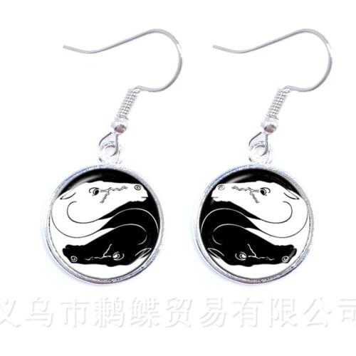 Black And White Horse Yin Yang Glass Earring Symbol Jewelry Pendant Natural Rustic Boho Symbolizing Harmony Bring Good Luck