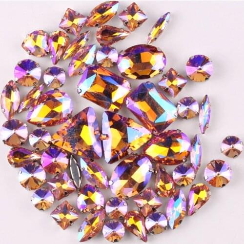 Silver claw setting 50pcs/bag 11 shapes mix Lt peach AB glass crystal sewing rhinestone wedding dress shoes bags diy trim
