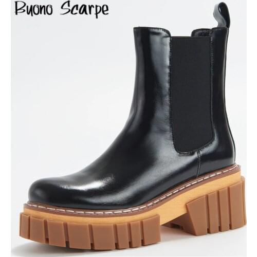 Punk Women Chelsea Boots Lace Up Platform Shoes Thick Bottom Chunky Shoes Casual Motorcycle Booties Genuine Leather Ankle Boots