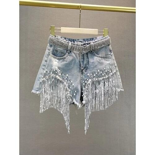 Women Denim Shorts 2020 Summer New High Waist Slimming Heavy Industry Beaded Sequin Tassels Hole Wide Leg Short Harajuku Shorts