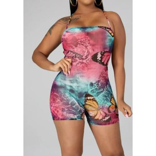 Women Strapless Romper Fitness Nightwear Bodycon Playsuit Off shoulder Butterflies Pattern Lace-up Bandage Sling Straps Jumpsuit