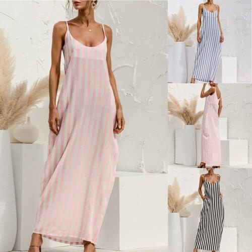 Womens Summer Sling Long Skirt Striped Printed Sleeveless Pocket Dress