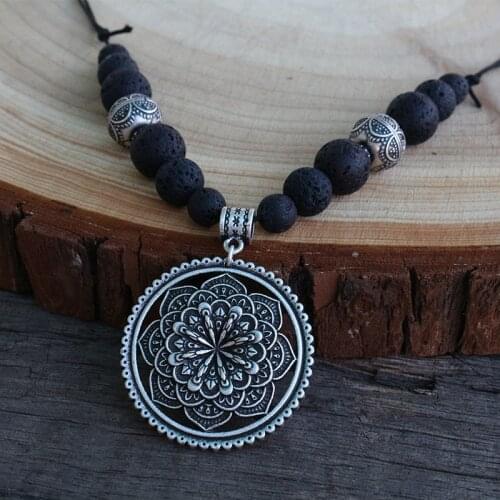 5pcs Lotus Mandala With Black Volcanic Stone Gati Women Necklace, Slavic Inspired Jewelry, Tribal Gypsy Jewelry For Charms Women