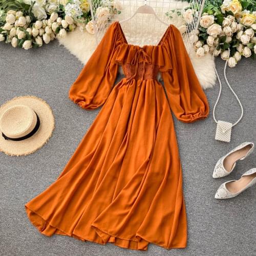 Women Slash Neck Long Sleeve Midi Dress Female Yellow/Red/Pink High Waist Ruffle Big Swing Chiffon Dresses Fashion DZA444