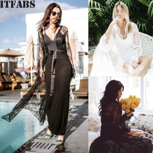 2019 Black White Women Lace Flower Cardigan Beach Long Dress Cover-Ups Sexy Bikini Cover Up Sunscreen Beachwear