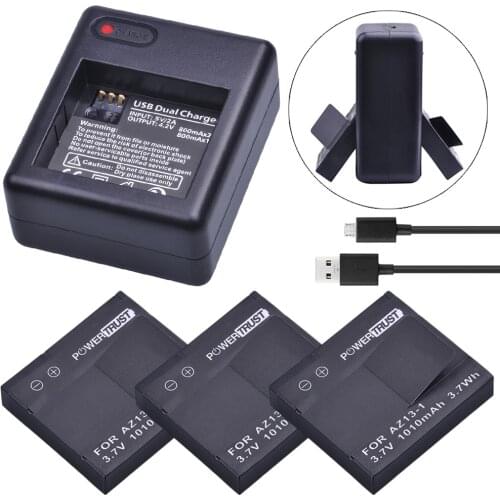 3Pcs 1010mAh AZ13-1 AZ13 Rechargeable Battery + Dual USB Charger For xiaomi yi 1 Action Camera Xiaomi YI AZ13 1 batteries