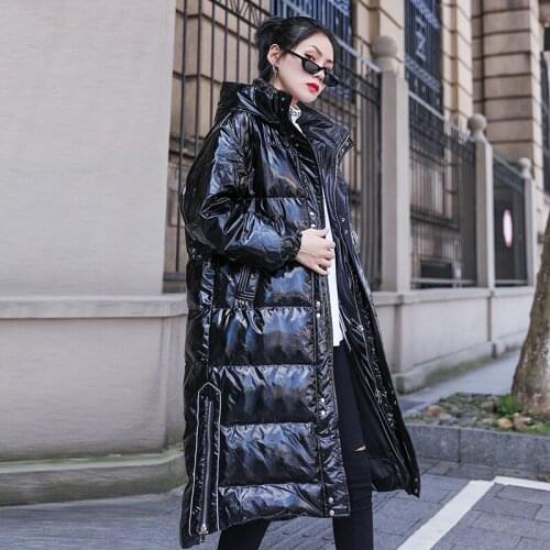 Black Glossy Parkas Jacket Long Winter Warm Coat Woman Plus Size Down Jacket Coat Winter Thicken Warm Overcoat Hooded Outwear