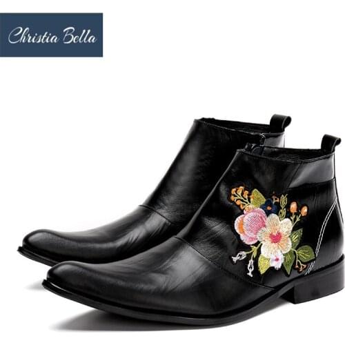 Christia Bella Autumn Winter Embroidery Men Shoes Genuine Leather Boots Fashion Pointd Toe Boots Plus Size Zipper Ankle Boots