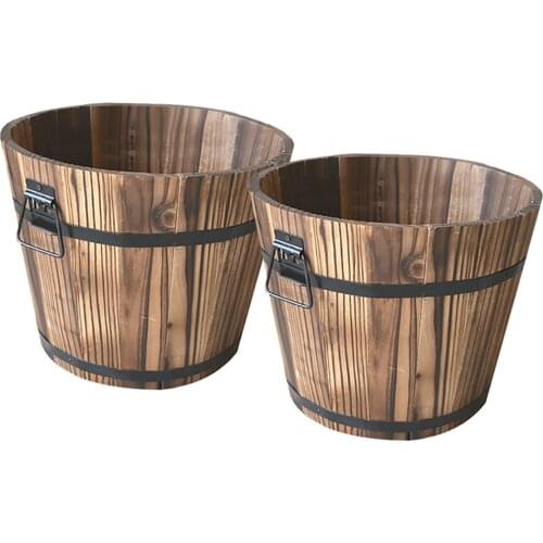 2 Pack Rustic Whiskey Barrel Planter Wooden Bucket Flower Planter Pot Home Decor