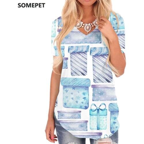 SOMEPET Christmas T-shirt women Gift V-neck Tshirt Painting Tshirts Printed Harajuku Funny T shirts Womens Clothing Hip hop