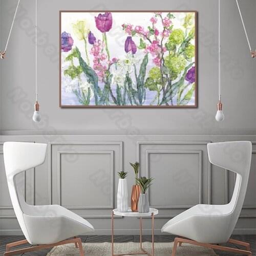 Modern Style Canvas Painting Poster Watercolor Pictures Blooming Red and Purple Flowers and Green Leaves for Home Rooms Decorati