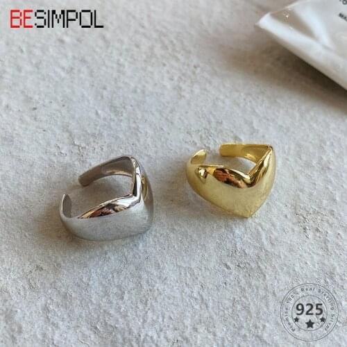 Besimpol Genuine 925 Sterling Silver Rings French Style Simple Glossy Heart Adjustable Ring for Women Fashion Fine Jewelry Gifts