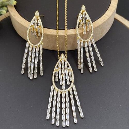 Lanyika Fashion Jewelry Set Elegant Hollow Tassels Full Micro Pave Necklace with Earring for Women Wedding Anniversary Best Gift