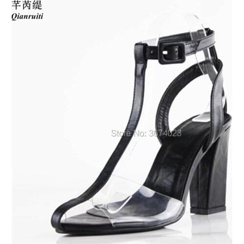 Qianruiti Summer Women Clear Sandals T-strap Block High Heels PVC Peep Toe Shoes Gladiator Sandalias Fashion Runway Sandals