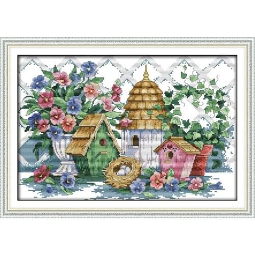 Flower and small house pattern cross stitch kit summer beautiful home rural style 14CT embroidery sewing bag decorative painting