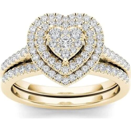 Exquisite 2Pcs/Set Gold Sapphire Ring Set Anniversary Gift Engagement Bridal Wedding Rings Jewelry for Women Ladies Size 5-12