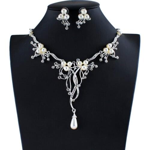 Jiayijiaduo Imitation pearl necklace earring jewelry set silver color women wedding jewelry