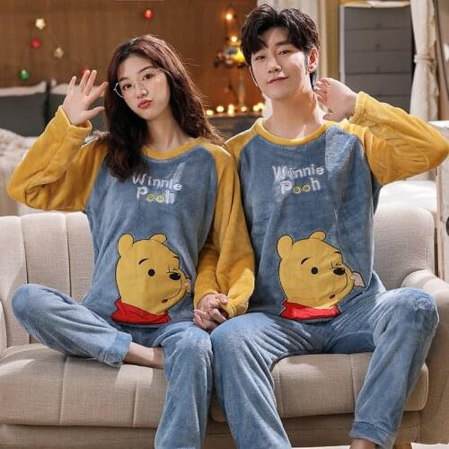 Female Pajamas Set the Pooh-Print Cartoon Sleepwear Fashion Home Suit Anime Costume Bear Couple Pyjama Flannel Winter Warm Cloth