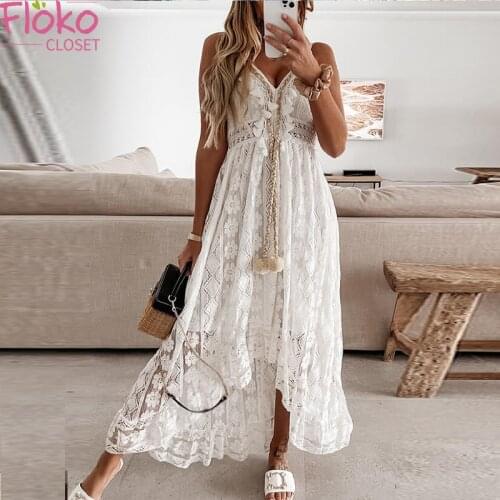 Flokocloset Spaghetti Strap Crochet Lace Maxi Dress Elegant ChicTassel Hollow Out Party Dress Summer Sleeveless Beach Long Dress