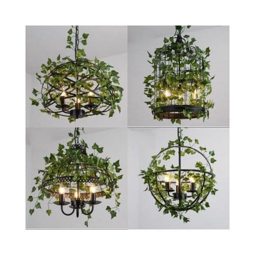 Industrial Wind Wroung Iron Cage Pendant Light with Artifitial Plant Pot 4 E14 Edison Bulbs Chain Hanging Light for Bar Club