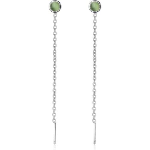 KOFSAC Fashion 925 Sterling Silver Earring Exquisite Green Cats Eye Stone Earrings For Women Party Long Ear Line Jewelry Gifts