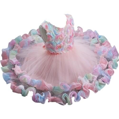 Toddler Mesh Ball Gown Girls Sleeveless Color Block Three-Dimensional Flower Round Neck Bowknot Dress Pink Purple Blue Beautiful