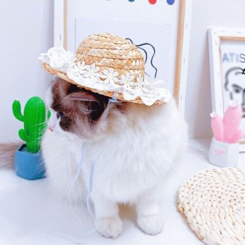 Pet Straw Hat Dog Summer Sunhat Flower Lace Decoration Pet Photo Props Cute Woven Straw Hat Costume Accessory