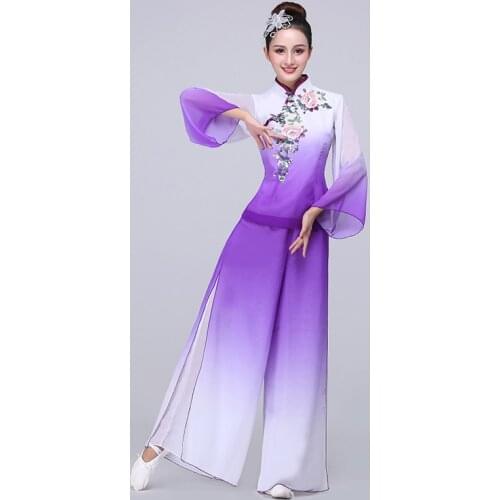 Ancient Chinese Tradition Drum Yangko Dance Costumes Purple National Dancewear Vintage Umbrella Dancer Wear for Stage Shows