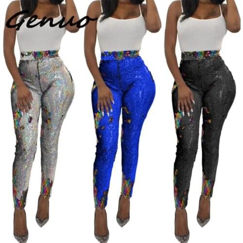 Genuo New High Waist Glitter Sequin Pants Women Sexy Night Party Paillette Pencil Pants Clubwear Back Zipper Shining Trousers