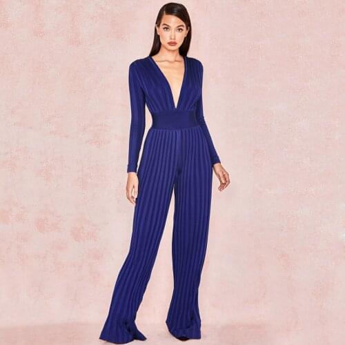 Tailored Deep V Neck Long Sleeve Bandage Legging Jumpsuit Tight Waist Striped Wide Leg Hourglass Feminine Long Leg Chic Jumpsuit