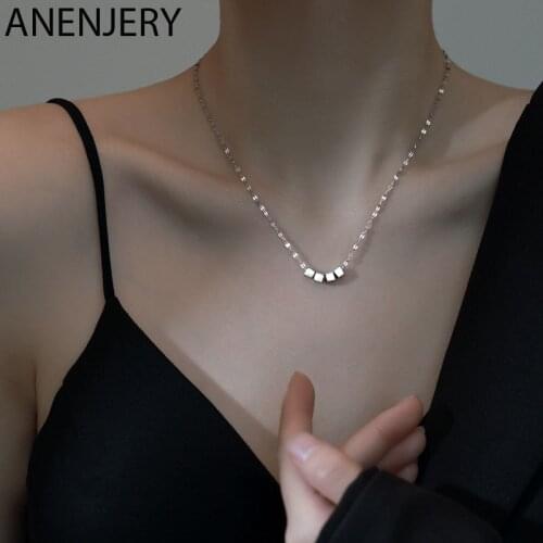 ANENJERY 925 Sterling Silver Square Tube Chain Necklace for Women Simple Shiny Geometric Choker Party Jewelry