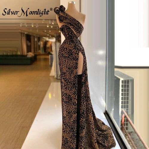 Women Leopard Evening Dress with High Spilt Side 2021 Sexy One Shoulder Mermaid Sweep Train вечернее платье Arabic Gowns